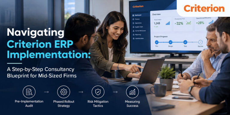 Consultant presenting a step-by-step Criterion ERP implementation blueprint to a mid-sized business team